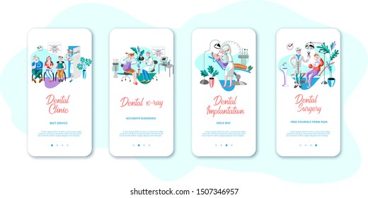 Dental clinic mobile apps set. Teeth examining and treatment. Dentist pulling out bad tooth isolated clipart. Stomatologist appointment, check-up. Stomatology, orthodontics hospital