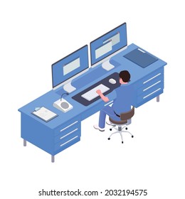 Dental clinic office icon with male dentist sitting at desk 3d vector illustration