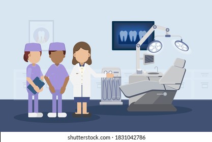 Dental clinic or dental office interior with medical staff flat design vector illustration