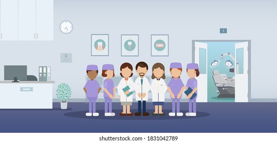 Dental clinic or dental office interior with medical staff flat design vector illustration
