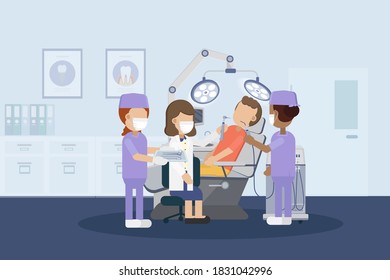 Dental Clinic Or Dental Office With Patient Flat Design Vector Illustration