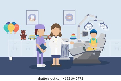 Dental Clinic Or Dental Office With Patients Flat Design Vector Illustration