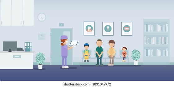 Dental Clinic Or Dental Office With Patients Waiting Flat Design Vector Illustration
