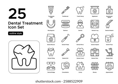 Dental Clinic and Oral Health. Dentistry Icons, Tooth Protection, and Hygiene. Vector Illustration. Outline icon set