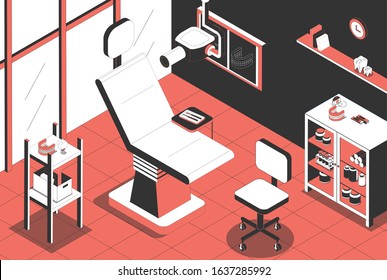 Dental clinic orthodontist office interior with patient chair xray machine instruments implant prothesis isometric view vector illustration 