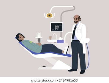 In a dental clinic, a patient sits in a dentist chair surrounded by various tools, including a monitor displaying an x-ray image, they engage in a discussion about the treatment plan with a doctor