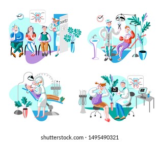 Dental clinic patients flat illustrations set. Teeth examining and treatment. Dentist pulling out bad tooth isolated clipart. Stomatologist appointment, check-up. Stomatology, orthodontics hospital