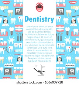 Dental clinic poster. Dentistry orthodontics flat symbols vector illustration. Colorful health care template for website or brochures. Isolated on light blue background and place for text