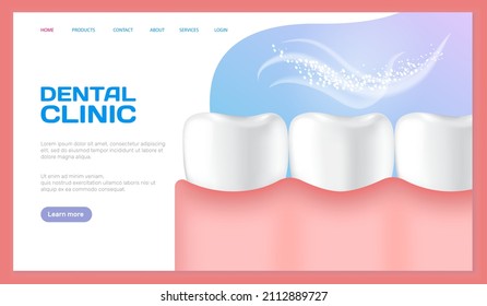 Ilustración vectorial de afiches de clínicas dentales. Publicidad de hospital para tratamiento de dientes. Servicios médicos para la instalación de implantes dentales. Goma humana con dientes sanos y dentadura en pancarta de odontología