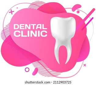Dental clinic poster vector illustration. Advertising of hospital for teeth treatment. Medical services for installation of dental implant. Human gum with healthy teeth and denture on dentistry banner