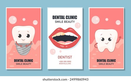 Conjunto de carteles de clínica dental. Carilla dental, limpieza dental e higiene bucal. Cuidado de la salud y medicina. Odontología y estomatología. Colección de Vector plana aislada sobre fondo azul