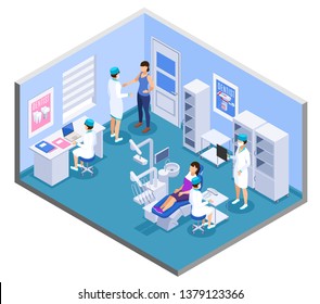 Dental Clinic Practice Office Interior Isometric Composition With Dentist Medical Assistants Patient Treatment Equipment Furniture Vector Illustration