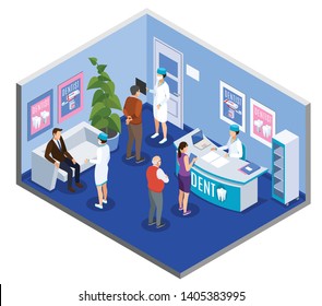 Dental clinic practice reception area waiting room isometric composition with patients at desk making appointment vector illustration  