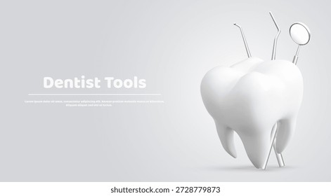 Dental clinic presentation template with tooth mockup and dentistry tools on grey background. Vector realistic illustration of teeth treatment equipment, ad banner design, oral hygiene instruments