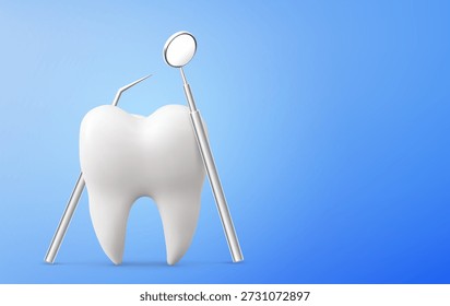 Dental clinic presentation template with tooth mockup and dentistry tools on blue background. Vector realistic illustration of teeth treatment equipment, ad banner design, oral hygiene instruments