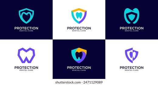 Dental clinic protection logo design collection. Colorful shield dental logo vector illustration.