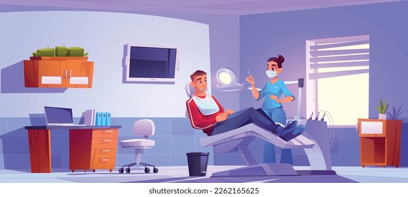 Dental clinic room in hospital. Female dentist with man patient take care of toothache in cabinet. Orthodontist appointment in stomatology office. Consulting oral checkup and diagnostic.