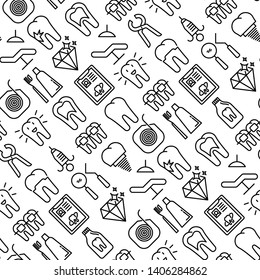 Dental clinic seamless pattern with thin line icons related to teeth treatment, dental equipment, oral hygiene. Vector illustration for web page, banner, print media.