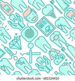 Dental clinic seamless pattern with thin line icons related to teeth treatment, dental equipment, oral hygiene. Vector illustration for web page, banner, print media.