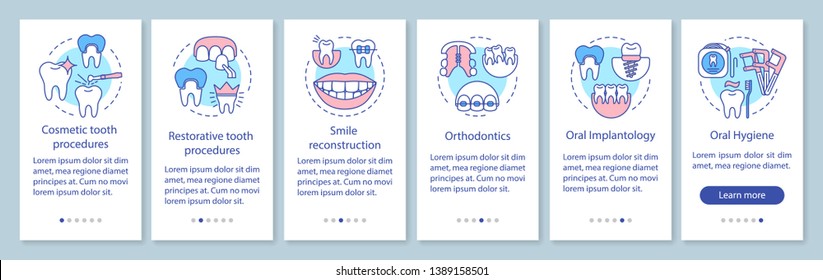 Dental clinic services onboarding mobile app page screen with linear concepts. Treatment, restoration of teeth walkthrough steps graphic instructions. UX, UI, GUI vector template with illustrations