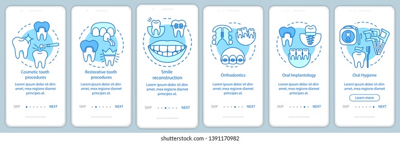 Dental clinic services onboarding mobile app page screen with linear concepts. Dentistry. Teeth restoration walkthrough steps graphic instructions. UX, UI, GUI vector template with illustrations