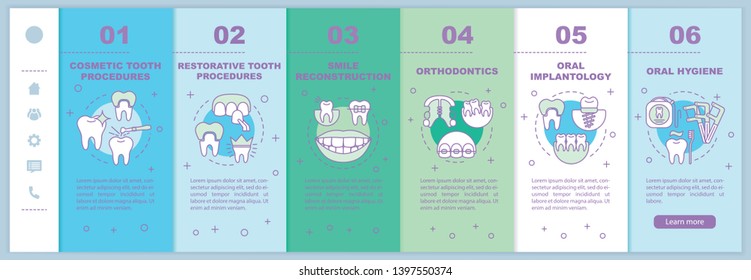 Dental clinic services onboarding mobile web pages vector template. Dentistry. Responsive smartphone website interface idea with linear illustrations. Webpage walkthrough step screens. Color concept