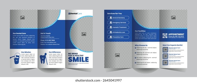 Modelo de design de folheto com três folhetos de serviços de clínicas dentárias
