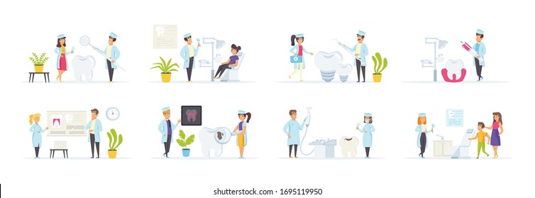 Dental clinic set with people characters in various scenes creator kit and situation. Dentist with instruments treats teeth. Bundle of stomatology and dental care in flat style.