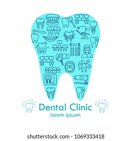 Dental clinic shape tooth poster. Dental care and dentistry flat outline icons with dentist chair denture crown instruments whitening vector illustration. Isolated on white background. Place for text