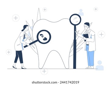 Dental clinic simple. Man and woman in medical uniform with magnifying glass and big tooth. Health care, treatment and medicine. Oral hygiene and cleanliness. Doodle flat vector illustration