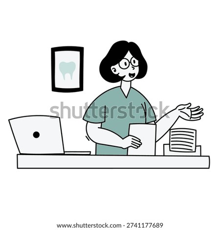 Dental Clinic Staff Explaining Services. Healthcare Professional at Desk for Patient Consultation and Office Management Illustration