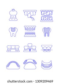 Dental clinic surgery services thin line vector icons. Dental implant, bridge, veneer, crown concepts. Orthodontic treatment such as metal, ceramic, lingual, plastic braces. Removable denture symbol