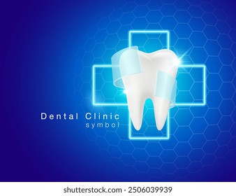 Dental clinic symbol template Root canal treatment, Tooth extraction, Fluoride. Modern design with tooth and plus sign on dark blue background. Realistic vector illustration.