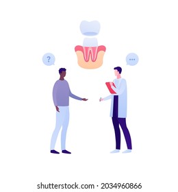 Dental clinic and teeth checkup concept. Vector flar healthcare illustration. Male african patient and dentist doctor isolated on white. Tooth crown implant symbol. Design for oral health care