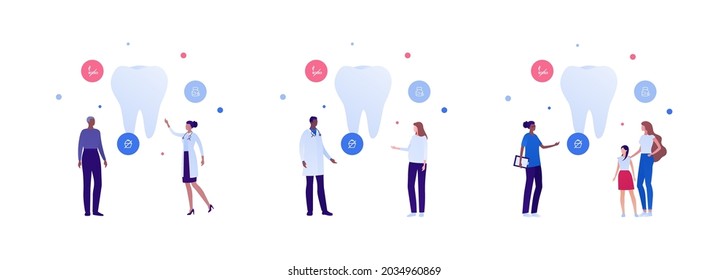 Dental Clinic And Teeth Checkup Concept. Vector Flar Healthcare People Illustration Set. Senior, Adult And Child Patients With Dentist Doctor On Appointment Isolated On White. Design For Health Care