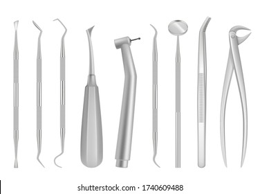 Dental clinic tools. Medical items for dentists oral inspection tooth vector realistic chrome instruments