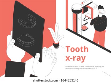 Dental clinic toothache treatment and diagnosis isometric composition with patient waiting xray image examination result vector illustration  