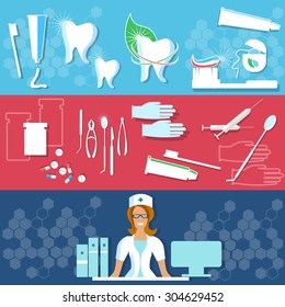 Dental Clinic toothpaste dental floss medical care dental care gum treatment caries doctor nurse dental instruments teeth whitening vector banners 