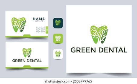 dental clinic tree leaf grow up logo vector icon template with business card design