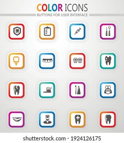 iconos dentales vectoriales de botón plano con contorno y sombra de color