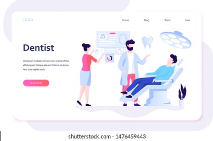 Dental clinic web banner concept. Man visiting the dentist with toothache. Healthcare and oral hygiene. Flat illustration vector