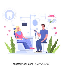 Dental clinic web banner concept. Dentistry concept. Idea of dental care and oral hygiene. Medicine and health. Stomatology and teeth treatment. Isolated flat illustration
