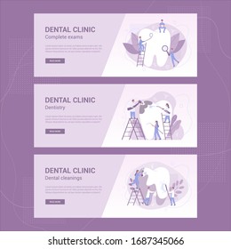 Dental clinic web banner or header set. Dentistry concept. Idea of dental care and oral hygiene. Medicine and health. Stomatology and teeth treatment. Isolated flat illustration