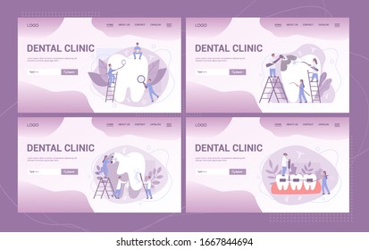 Dental clinic web banner or landing page set. Dentistry concept. Idea of dental care and oral hygiene. Medicine and health. Stomatology and teeth treatment. Isolated flat illustration