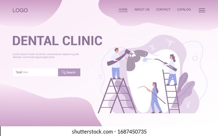 Dental clinic web banner or landing page. Dentistry concept. Idea of dental care and oral hygiene. Medicine and health. Stomatology and teeth treatment. Isolated flat illustration