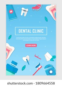 Dental Clinic web page template or banner with dentistry accessories forming a frame around central text on blue, colored vector illustration