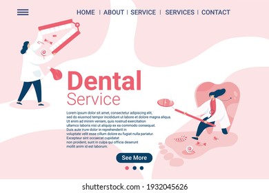 Plantilla web de clínicas dentales, atención dental, estilo de dibujos animados Pantalla plantilla web para teléfono móvil, página de inicio, plantilla, interfaz de usuario, web, aplicación móvil, afiche, pancarta, ilustración de vector plano