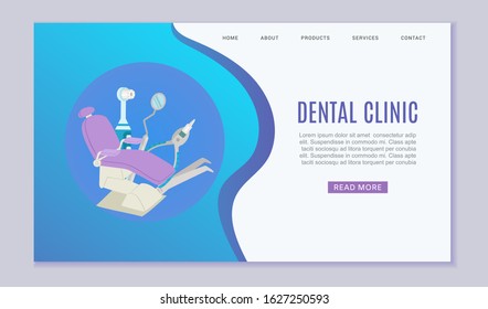 Dental clinic web vector template illustration. Dental chair and dentist doctor instruments for medical care stomatology clinics website. Dental clinic and stomatologist web page.