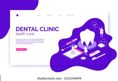 Dental clinic website header, banner, flyer template in isometric flat style with tooth, brush, toothpaste, dental floss.Background for presentation, landing page, ui ux template
