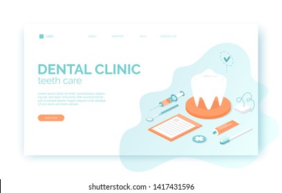 Dental clinic website header, banner, flyer template in isometric flat style with tooth, brush, toothpaste, dental floss.Background for presentation, landing page, ui ux template